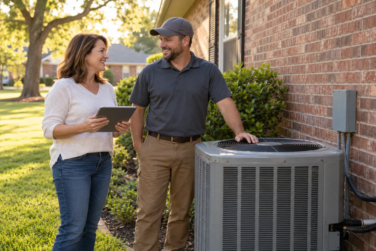 Friendly homeowner and HVAC provider talking beside a new outdoor air conditioner at a home near Detroit