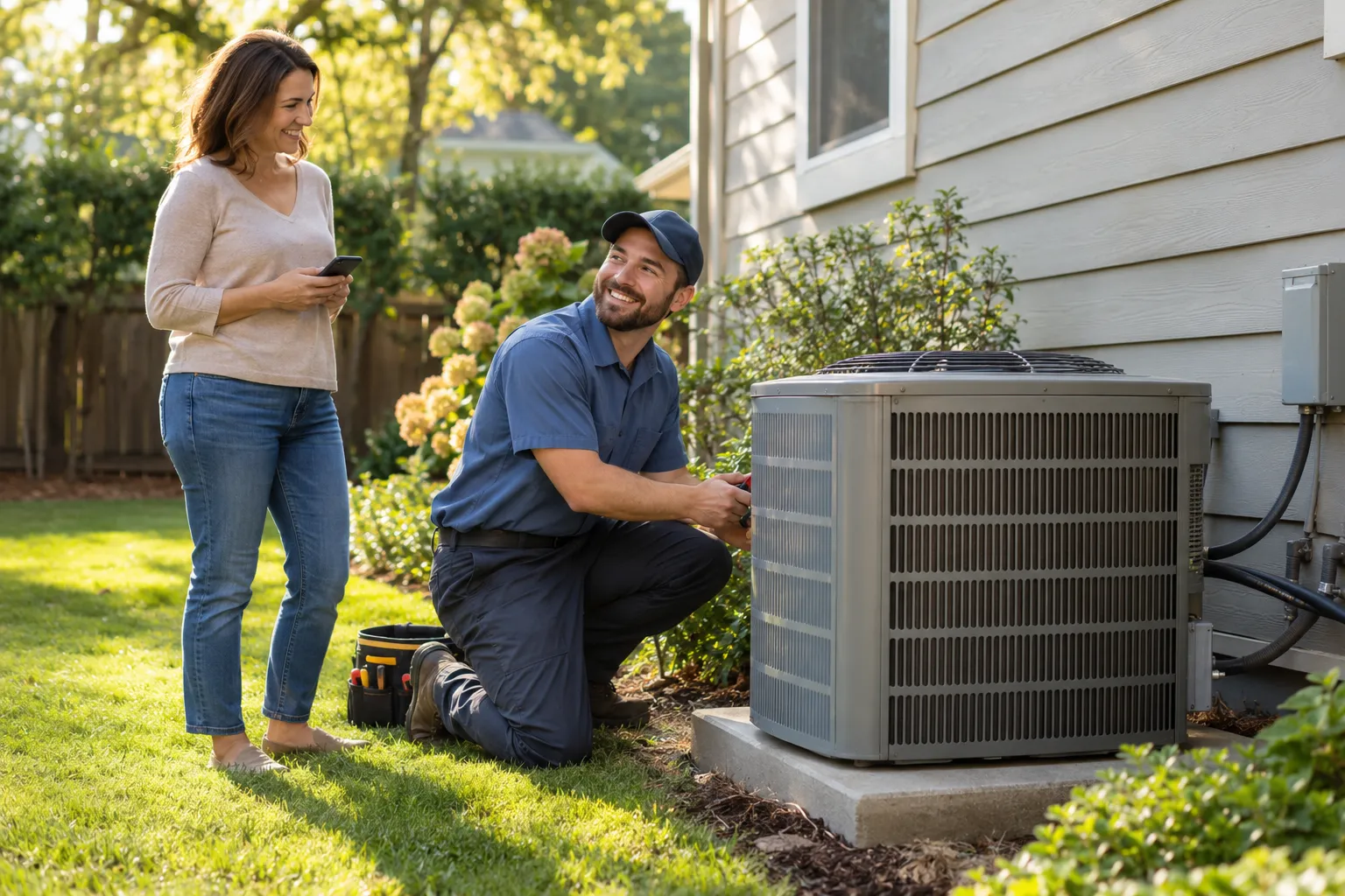 A friendly HVAC provider inspecting an outdoor air conditioner with a homeowner near a house in the Detroit area